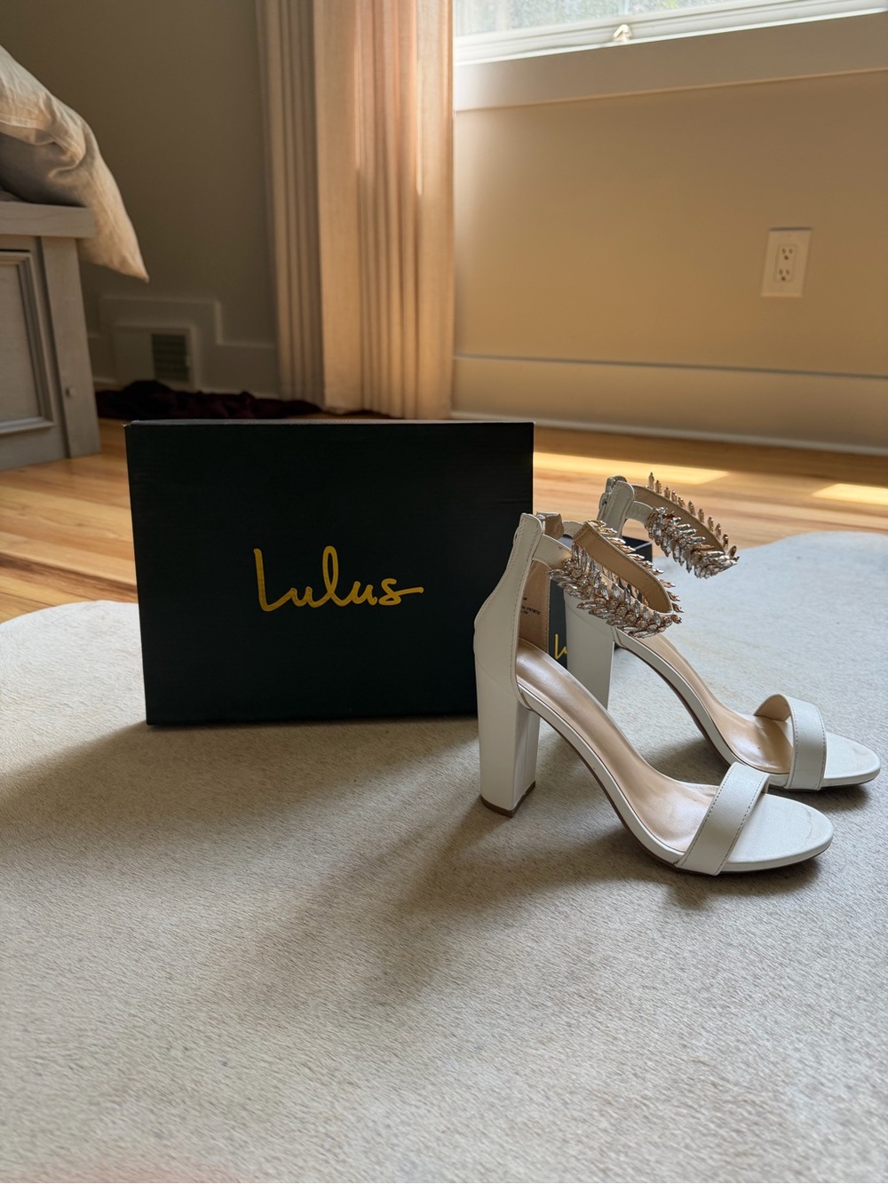 Lulu's White Block Heel Sandals with Crystal-Embellished Ankle Straps